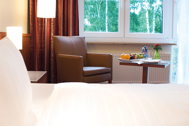 Einladendes Hotelzimmer mit Aussicht und Erfrischungen Hotelzimmer mit bequemen Sessel, Fenster mit Blick ins Grüne und Tisch mit Obst und Getränken.